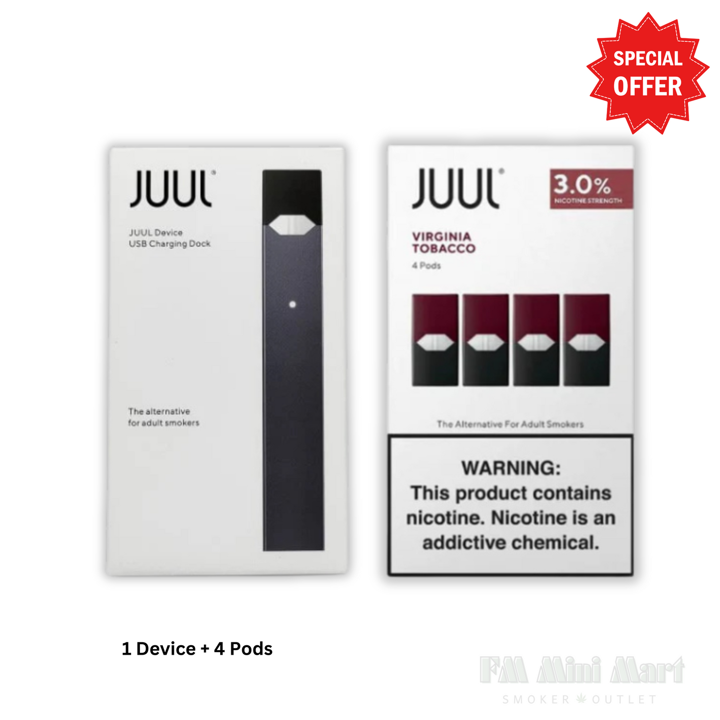 JUUL Device + 1 Pack (4 Pods) Virginia Tobacco | 3% Nicotine